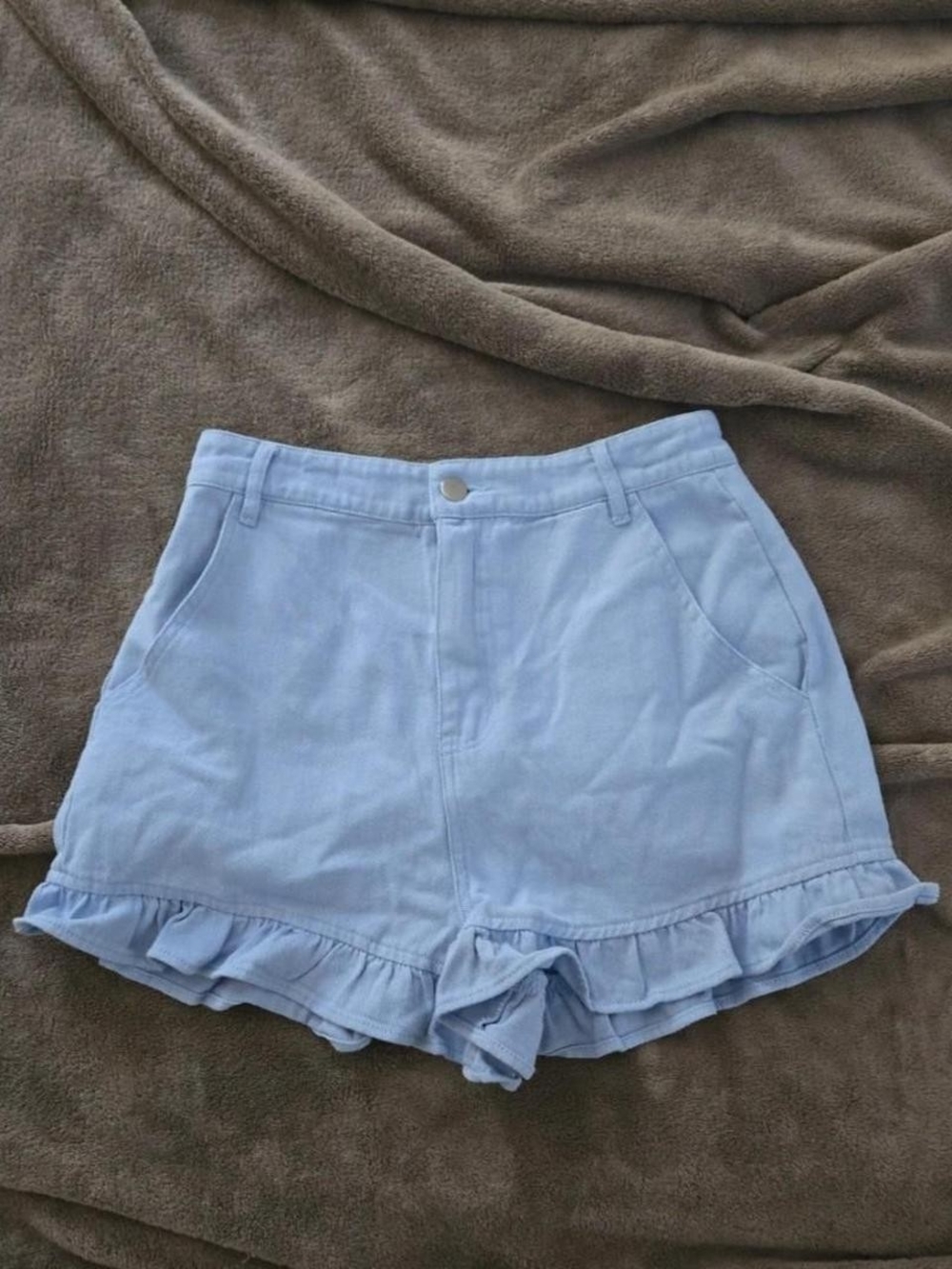 Pink Lily Light Blue High Waist Ruffle Hem Shorts